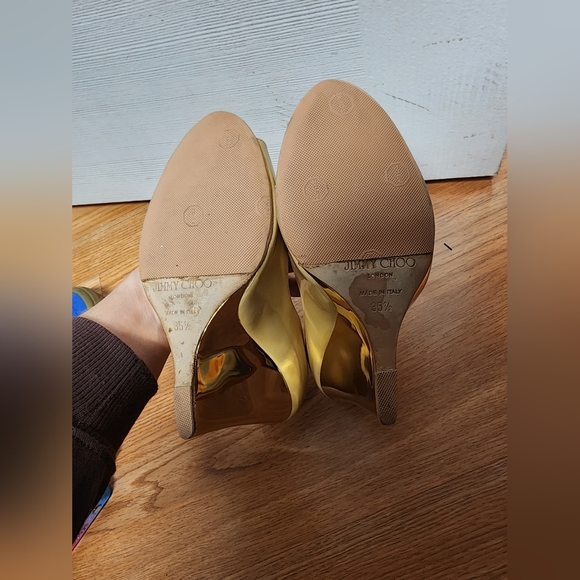 Jimmy Choo Beige Patent Leather Baxen Wedge Peep Toe Pumps Size 35 1/2 - Picture 7 of 8